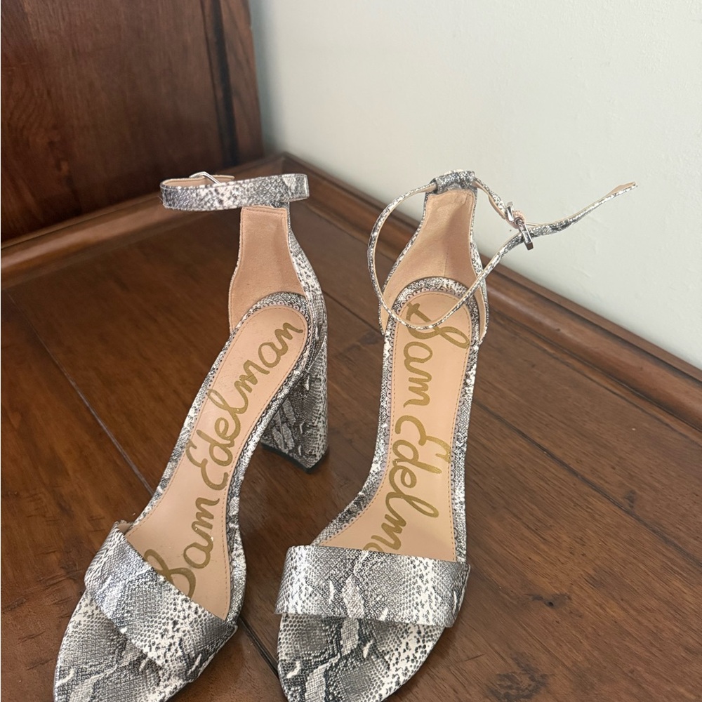 Sam Edelman Snakeskin Block Heel Sandals - Black and Gray